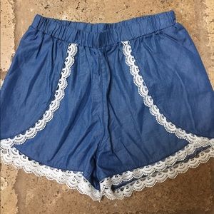 Blue Denim and Lace Flowy Shorts